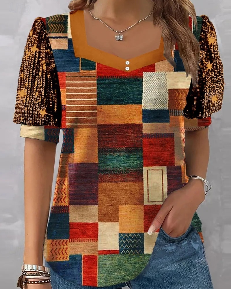 Per donna Blusa Stampato Plaid Blocco di colori Vintage Elegante Casual Manica Corta Scollo a V Top Regolari Quotidiano Ferie Uscire Blu Arancione Estate Primavera del 2026 a $9.49 –P1