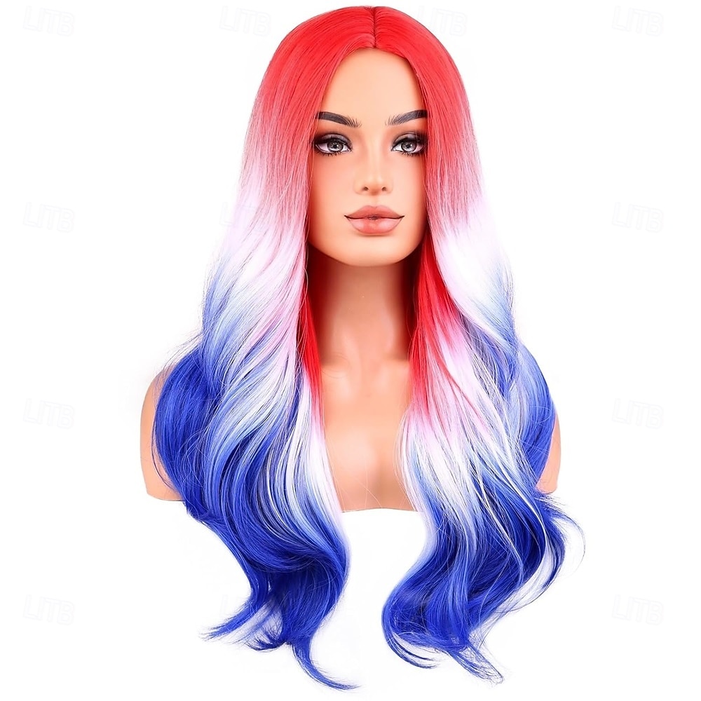 Parrucche Lunga Mossi del 4 Luglio per Donne e Bambine Riccioli Naturali Rossa Bianca e Blu Parrucca Sintetica Resistente al Calore per Festa di Cosplay Costume del 2026 a $28.99 –P1