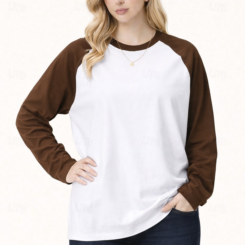 Women's 100% Cotton Oversized Tee Raglan T Shirt Patchwork Color Block Vintage Stylish Casual Long Sleeve Crew Neck Long Tops Daily Going out Brown And White Black and White Brown Summer Spring Fall 2026 - $37.99 –P4