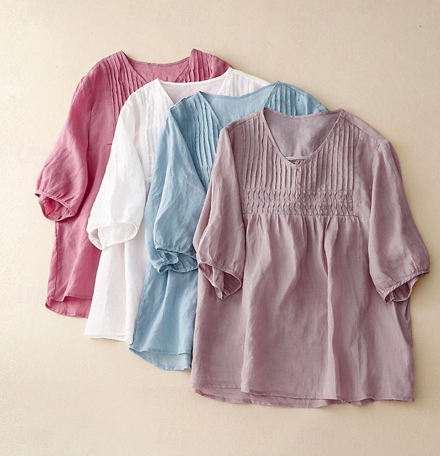 Mulheres Camisa Social Camisas com toque de linho Côr Sólida Tecido Vintage à moda Decote V Tops regulares Azul Branco Rosa Roxo Claro Verão Primavera de 2026 por $25.99 –P1