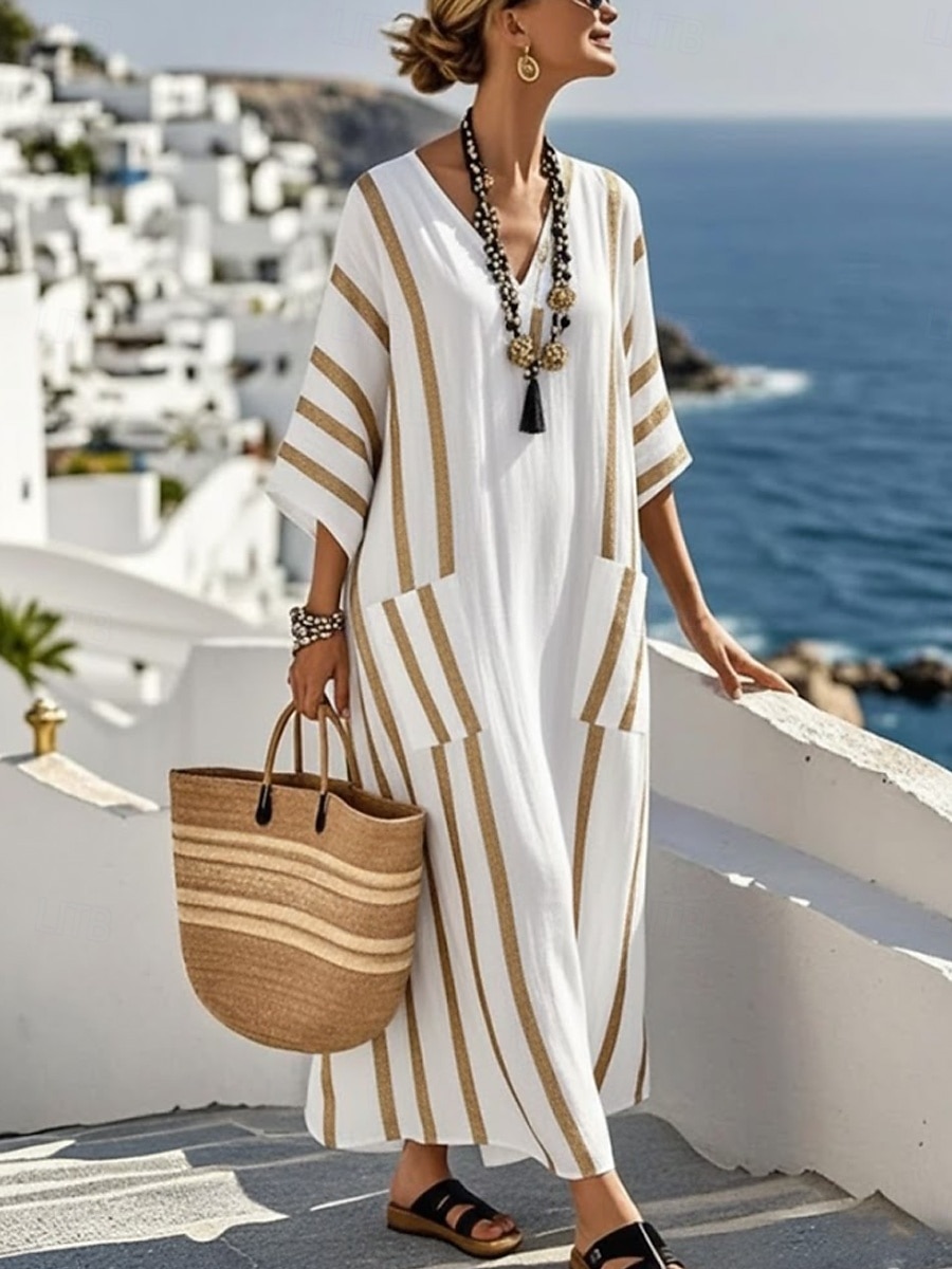 Damen Maxikleid Leinenähnlich Atmungsaktiv Leicht Strandkleid A-Linie Kleid Urlaub Lässig Boho Strand Ausgehen Lockerer Sitz Grafik Geometrisch Langarm V-Ausschnitt Blau Schwarz Weiß Sommer Frühling 2026 - $49.99 –P2