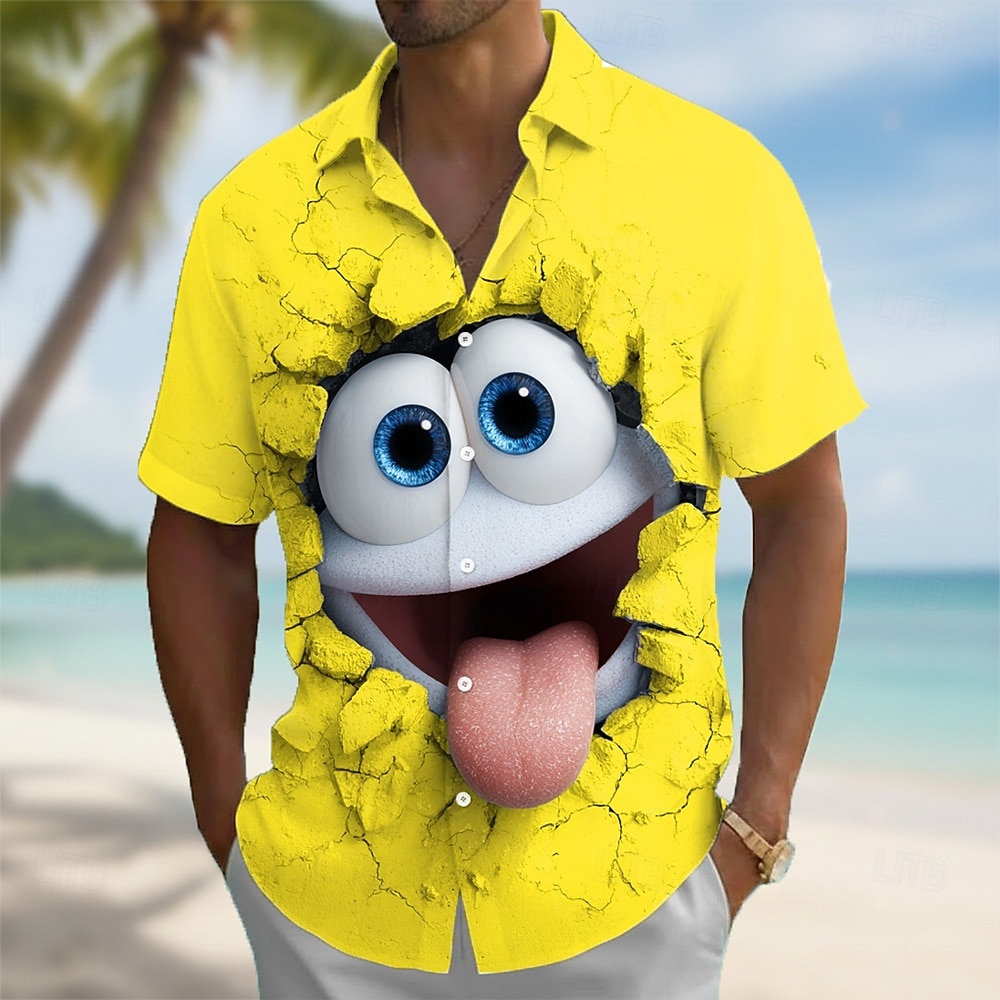 Herr 3D Print 3D-seriefigur Le ansikte Skjorta Knapp upp skjorta Kortärmad Rolig Dagligen Semester Sommar Vår Nedvikt 3D-utskrift krage skjortor Blå Gul 2026 - $25.99 –P1