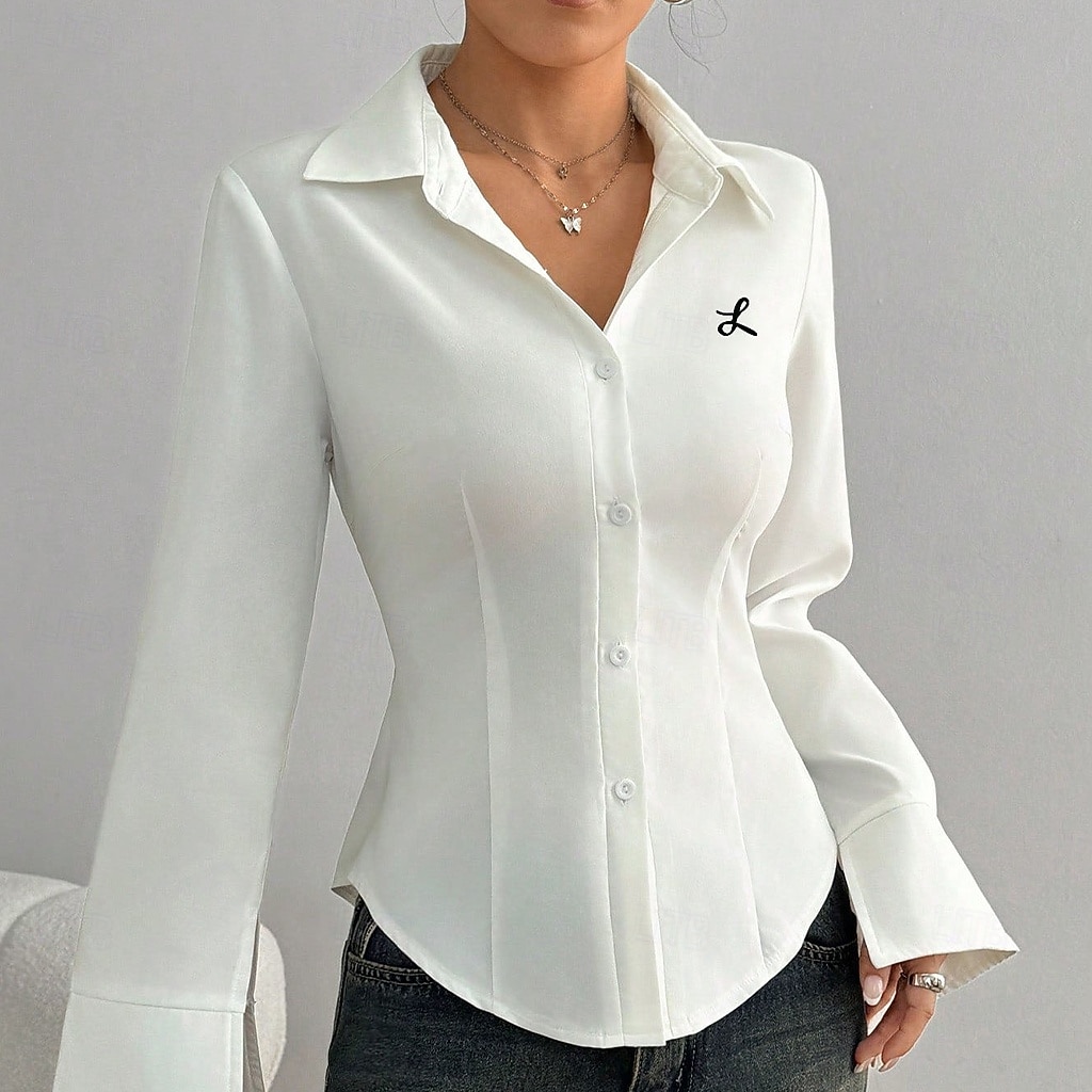 Mulheres Saia camisa de botão Blusa Bordado Botões Côr Sólida Elegante à moda Casual Manga Longa Aberto para a Lateral Tops regulares Diário Trabalho Feriado Branco Verão Primavera Outono de 2026 por $28.99 –P1