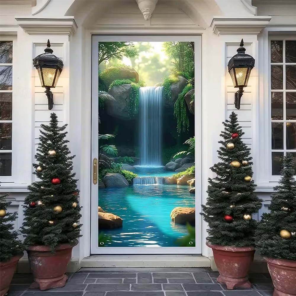Tenda da ingresso con vista realistica della natura, da appendere alla parete per l'ingresso del portico, con banner per porta da giardino giapponese in 3D, scena con cascata e laghetto koi. del 2026 a $17.99 –P13