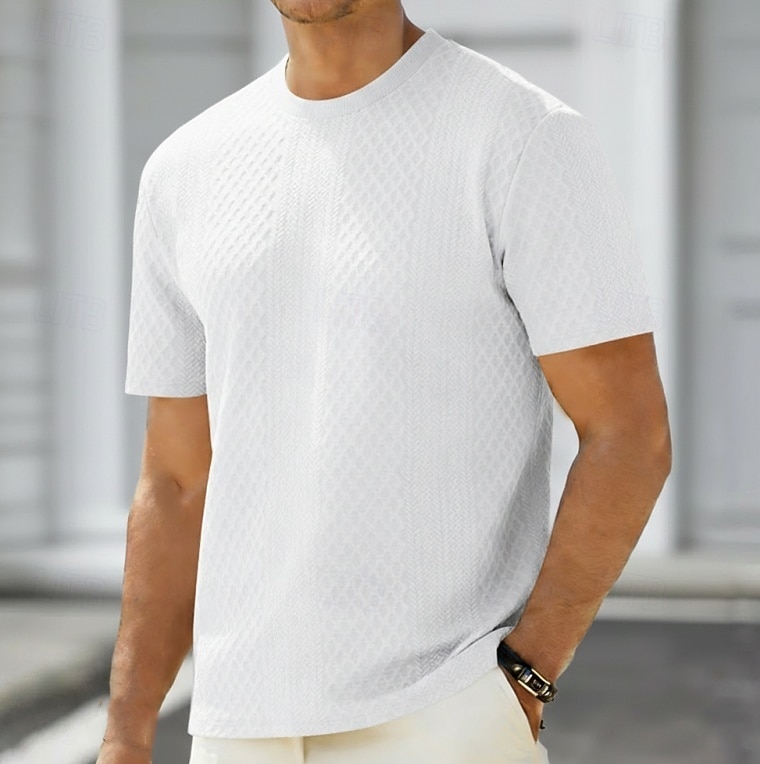 Men's T Shirt Tee Top Short Sleeves Crew Neck Summer Solid Color Textured Fashion Designer Basic Jacquard Vacation Casual Daily White Top Tee for Men 2026 - $20.99 –P1