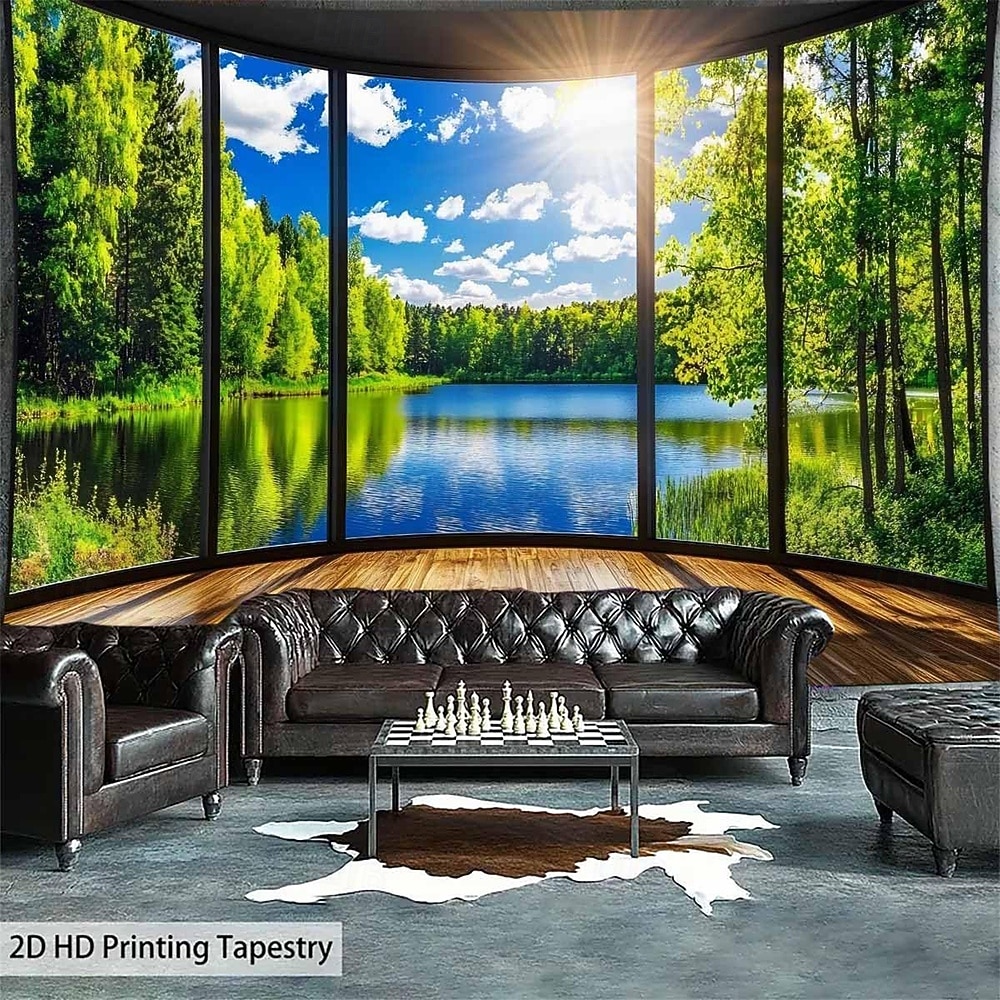 Tapiz de lago con vista de ventana en 3D, paisaje natural y forestal, colgante de pared, mural de paisaje de ventana falsa para sala de estar, sala de yoga, espacio de meditación 2026 - $20.99 –P3
