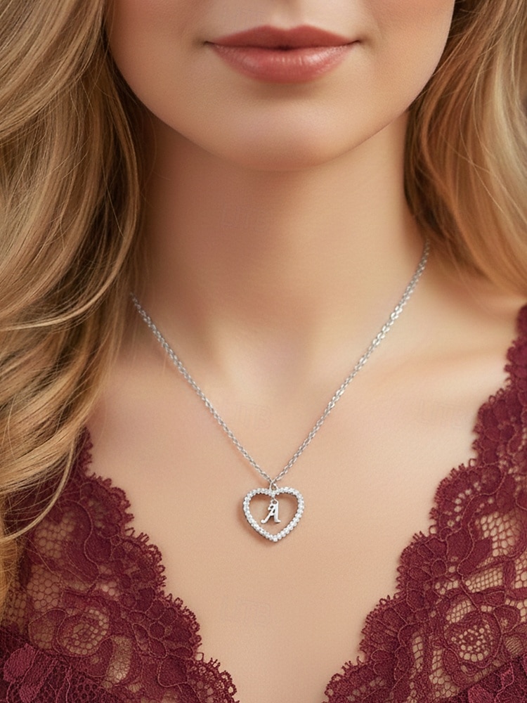 hjerteformet anhengskjede for kvinner – legeringsmateriale, 26 alfabetstiler, strass-aksenter – perfekt valentinsdagsgave 2026 - $7.99 –P1