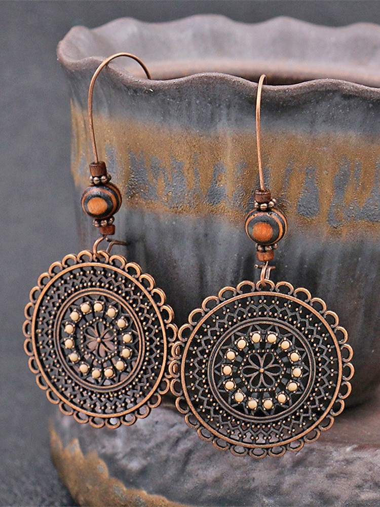 Női ötvözetből és fából készült kerek fülbevalók, vintage bohém mandala dizájn, könnyed, mutatós stílus, tökéletesek hétköznapi viseletre, tengerparti nyaraláshoz és nyári szettekhez 2026 - $7.99 –P4