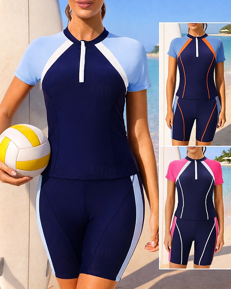 Жен. Рашгард Купальный костюм Swimsuits Пэчворк Середина бедра УФ-защита Быстровысыхающий Эластичный С короткими рукавами Купальники Купальник Серфинг Дайвинг Пляж  Лето 2026 - $32.99 –P1