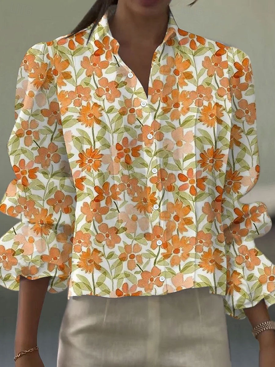 Mujer Camisa Volante Floral Graphic Elegante Bohemia Vintage Manga Larga Cuello Camisero Tops regulares Diario Trabajo Festivos Azul Piscina Blanco Naranja Beige Verano Primavera 2026 - $34.99 –P4