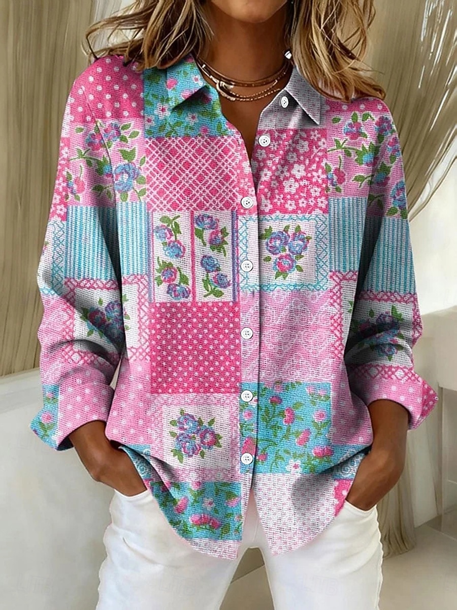 Femmes Chemise Patchwork Boutons Imprimé Fleuri Graphique ancien Élégant Moderne manche longue Col de chemise Hauts Réguliers Quotidien Bleu Rose Claire Été Printemps de 2026 ? $32.99 –P1