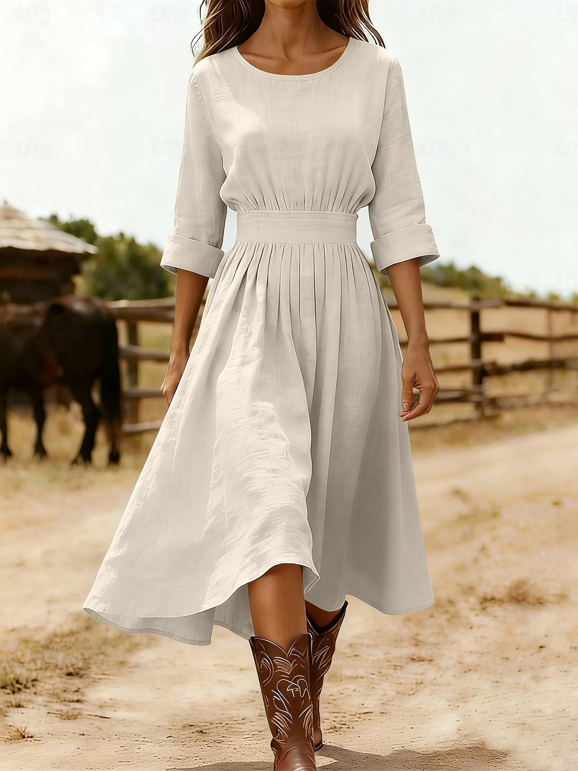 2026年 女性用 ミディドレス A ラインドレス 旅行度假风 カジュアル レギュラー 平織り 七分袖 クルーネック ブルー ブラック ピンク ネイビーブルー 夏 春 秋  コレクション – $33.99 –P1