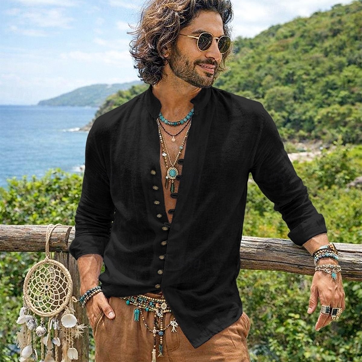 herrskjorta linneskjorta sommarskjorta vardagskjorta bohemskjorta enfärgad vardaglig blå svart vit rosa långärmad mandarinkrage sommar vår &höstkläder 2026 - $25.99 –P10