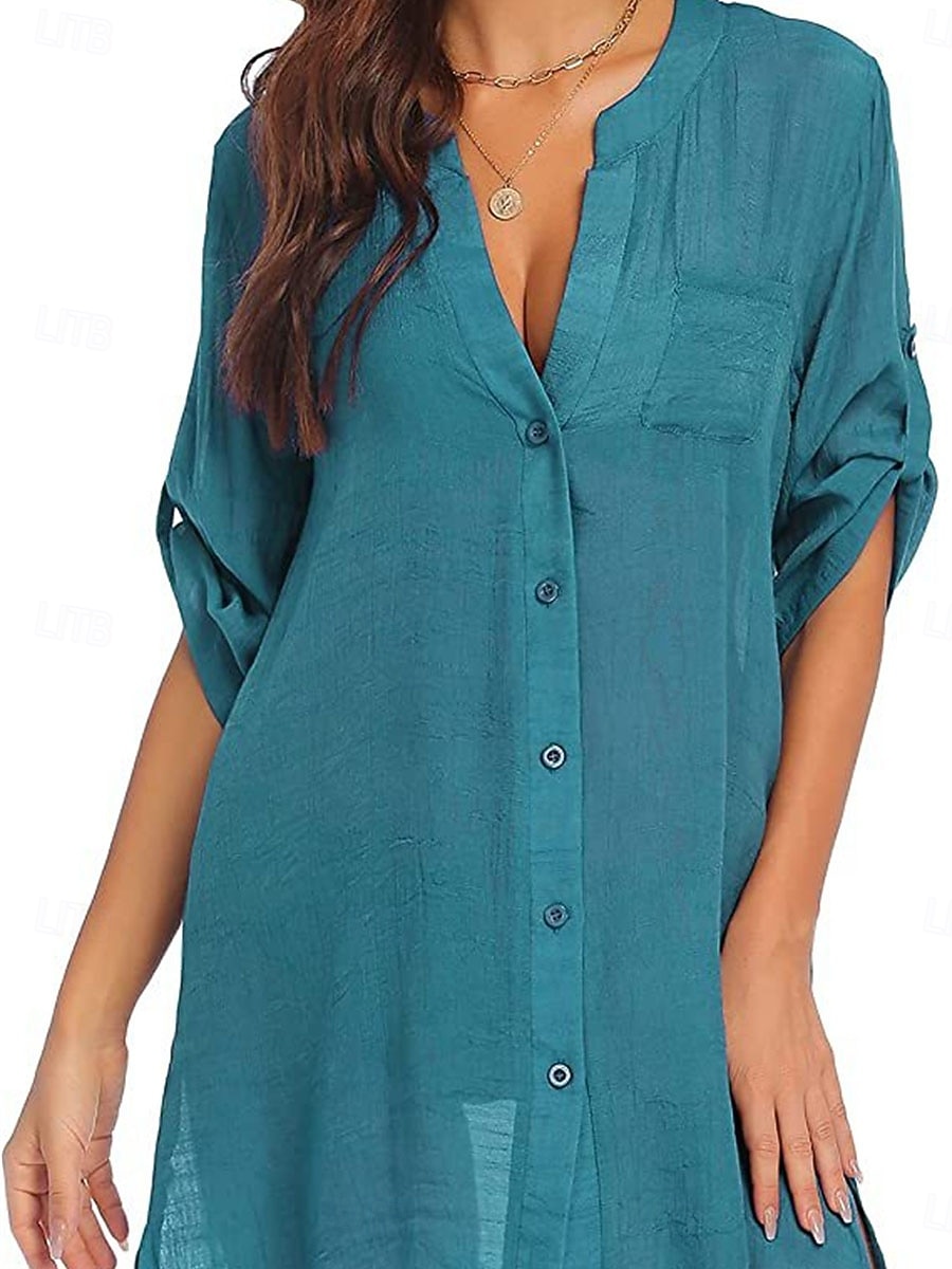 Per donna Mini Abito Abito Bianco Abito da Spiaggia Abito nero Copricostume Elegante Moda Classico Quotidiano All'aperto Spiaggia Vestibilità comoda Semplice Mezza Manica Scollo a V Blu Nero Bianco del 2026 a $28.99 –P7