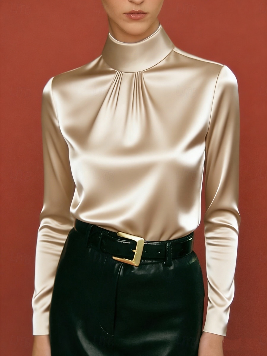 Mulheres Camisa Social Blusa de cetim Blusa Blusas de manga comprida Franzido Côr Sólida à moda Básico Clássico Manga Longa Gola Alta Tops regulares Diário Feriado Para Noite Preto Branco Roxo Cáqui de 2026 por $25.99 –P1