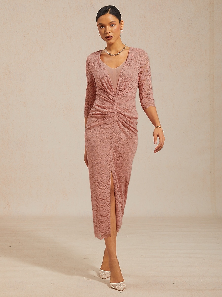 Damen-Midikleid, Etuikleid, figurbetontes Kleid, Lochstickerei, Illusionsspitze, gerafft, elegant, für jeden Tag, Hochzeit, als Gast, Date, normale Passform, Blumenmuster, 3/4-Ärmel, V-Ausschnitt, 2026 - $114.99 –P1