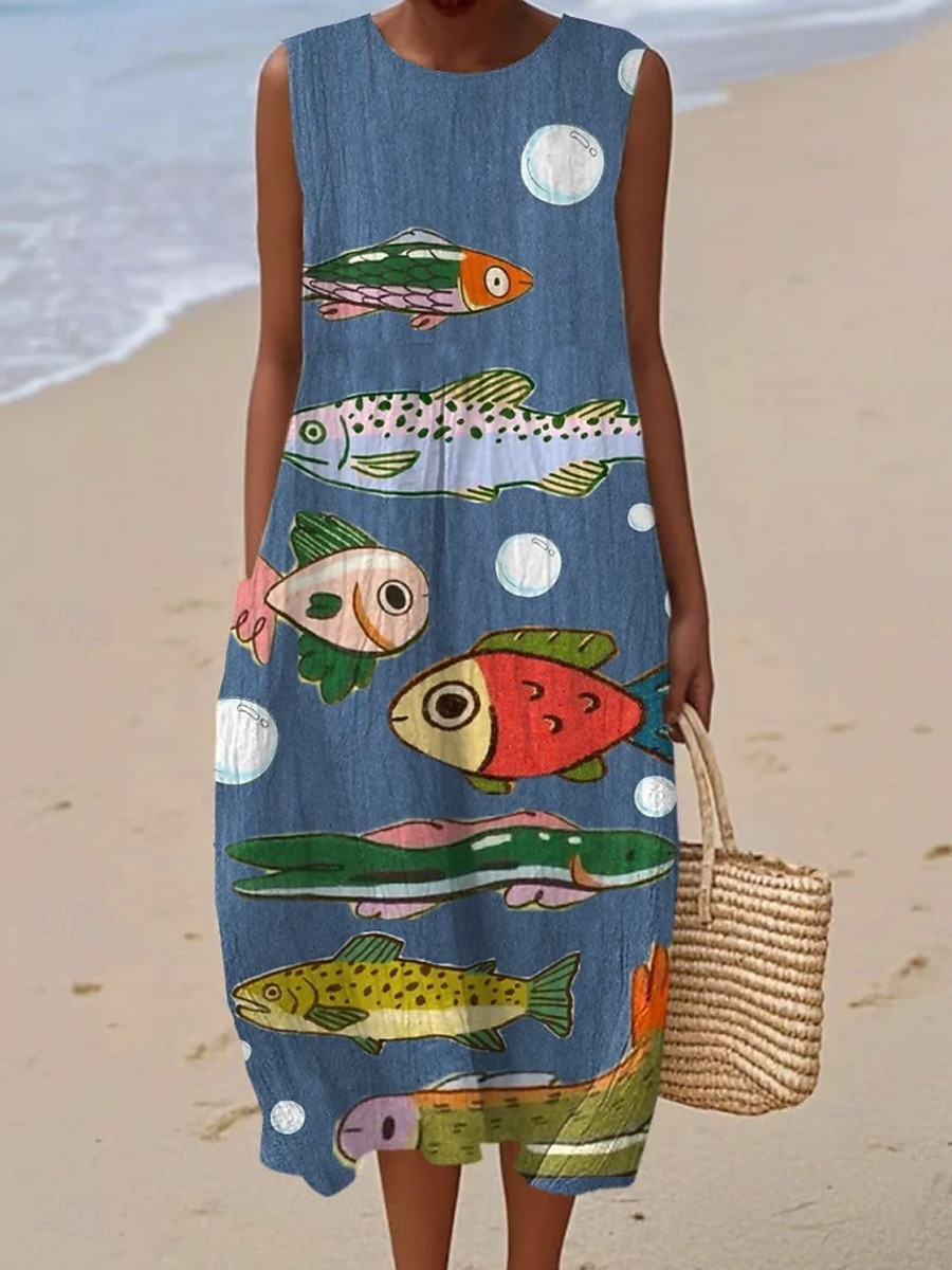 Μίντι Φόρεμα Γυναικών Λινό Σακίδιο Φόρεμα Αλλαγής Γραμμή A Διακοπές Καθημερινό Μπόχο Παραλία Βραδινό Χαλαρή Φόρμα Γραφικό Ζώο Αμάνικο Λαιμόκοψη Μπλε Μαύρο Γαλάζιο Σκούρο Μπλε Καλοκαίρι Άνοιξη 2026 - $39.99 –P3