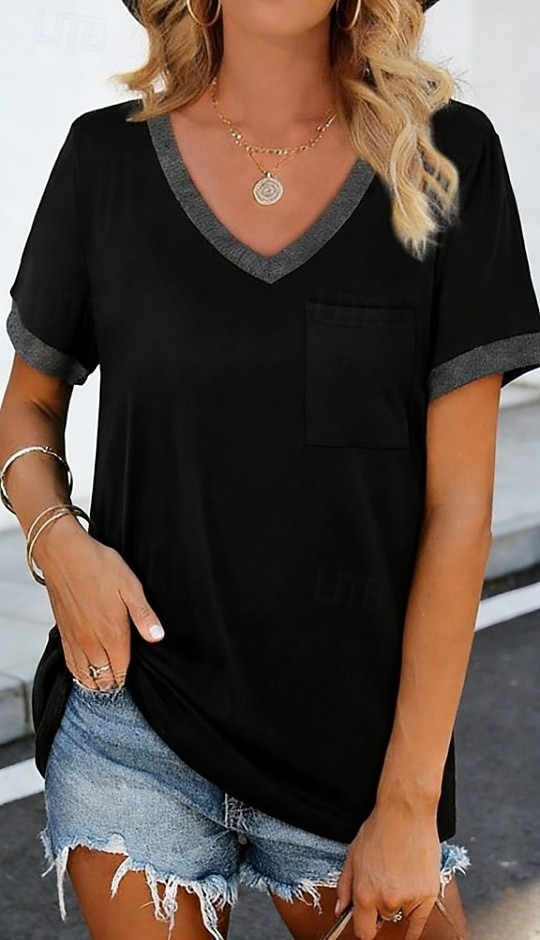 Dames T-shirt Lapwerk Zak Kleurenblok Effen Kleur Stijlvol Casual Korte mouw V-hals Lange tops Dagelijks Uitgaan Zwart Wit Rood Grijs Zomer Lente 2026 - $24.99 –P1
