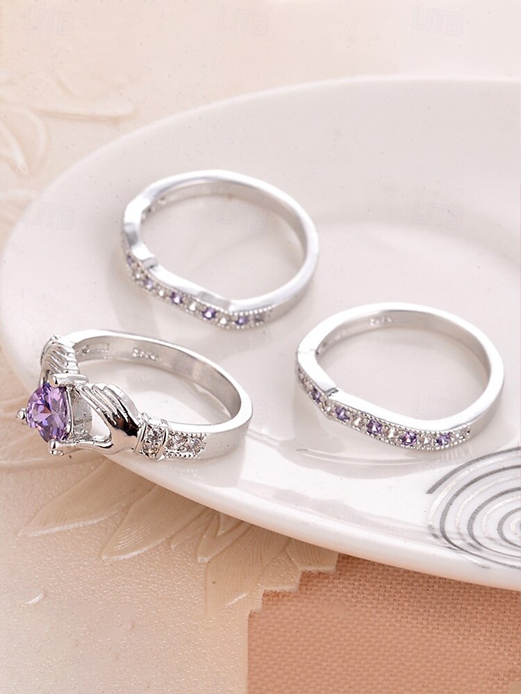 Damesringenset met 3-in-1 hartvormige amethist, gemaakt van legering, verkrijgbaar in meerdere kleuren, elegant ontwerp voor bruiloften, Valentijnsdag en feestjes. 2026 - $11.99 –P7