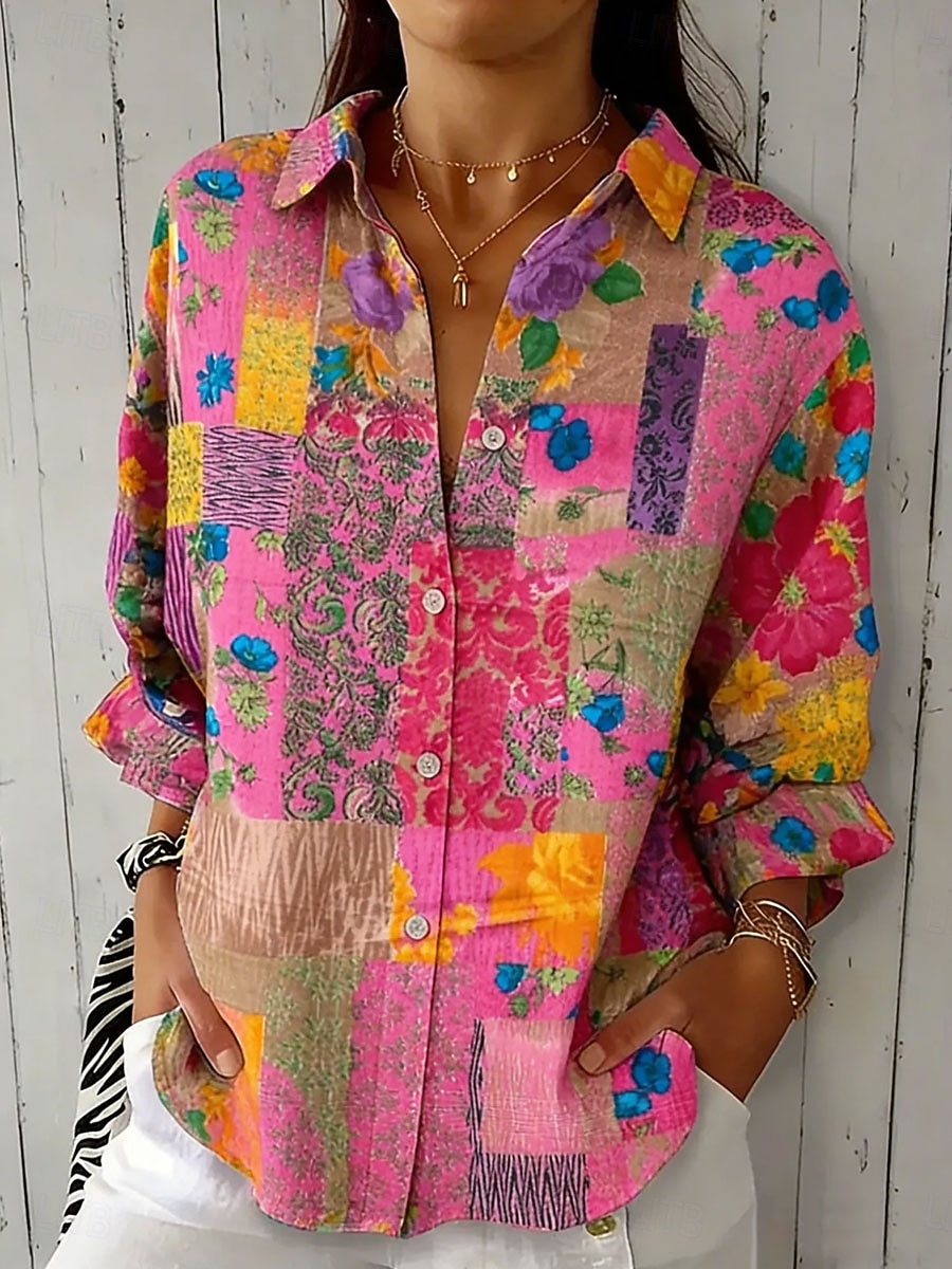 Camicia da donna in lino come traspirante leggera floreale grafica geometrica elegante vintage tropicale a maniche lunghe colletto top regolari da indossare quotidianamente lavoro bottoni stampa rosa del 2026 a $36.99 –P3