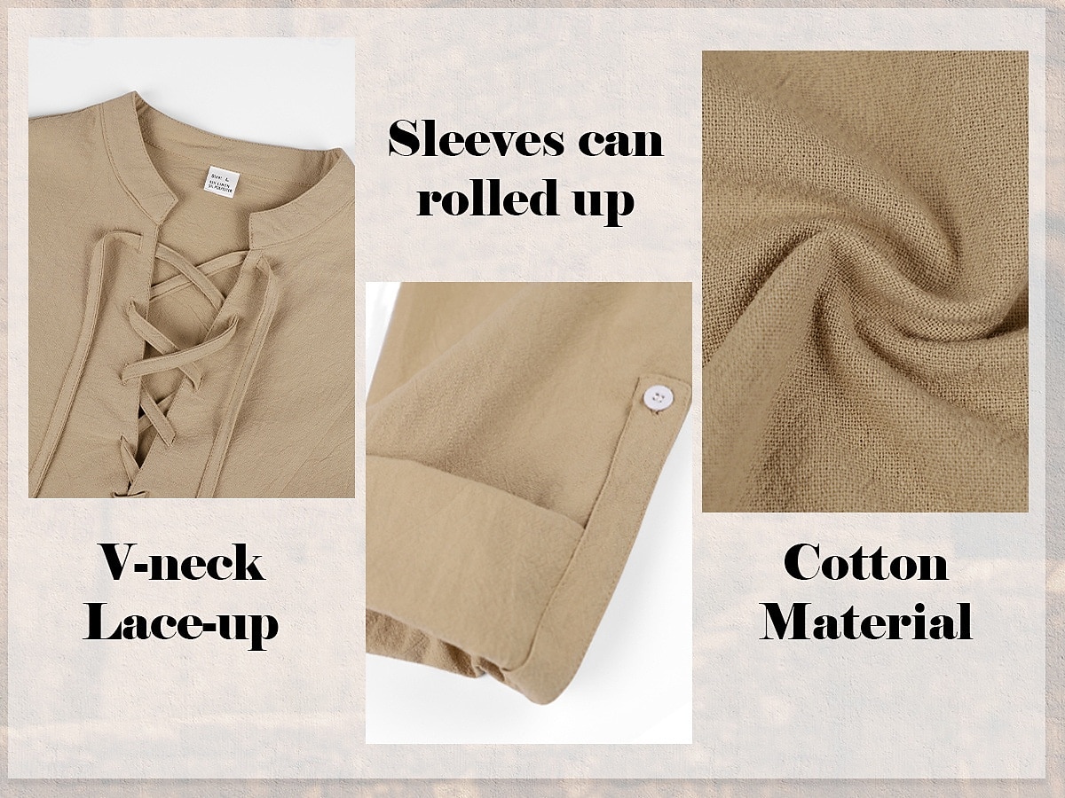 Homme Chemise Chemise en lin Style Viking Chemise popover Chemise d'été Chemise à col officier Uni Occasionnel Vacances Noir Blanche Vert Kaki manche longue Col en V Été Printemps Vêtement Tenue de 2026 ? $25.99 –P3