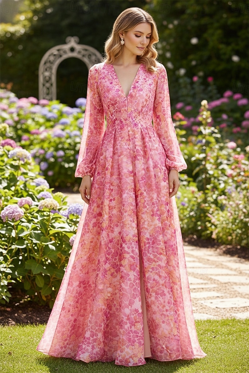 Krój A Sięgająca podłoża Suknia formalna Elegancja Bez rękawów W serek Impreza w ogrodzie Ślub Kieszonki Organza z Plisy Rozcięciem Nadruk 2026 - $205.89 –P5