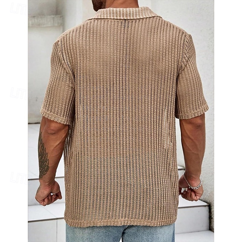 Men's Shirt Texture Casual Shirt Button Up Shirt Light Blue Short Sleeve Plain Shirt Collar Casual Daily Hollow Out Clothing Apparel Elegant Fashion Casual 2026 - $32.99 –P7