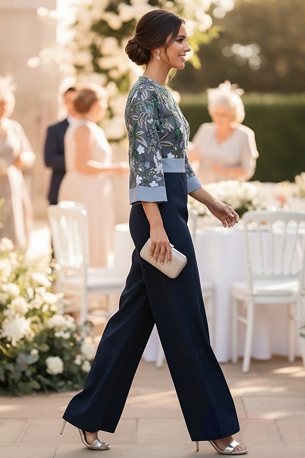 Overalls Bodenlang Perlenbestickt Abendkleid Kleid der Brautmutter Brautmutterkleid Langarm Rundhalsausschnitt Elegant Einfach Minimalistisch Formell Hochzeitsgast mit Schärpe / Band 2026 - $175.99 –P3