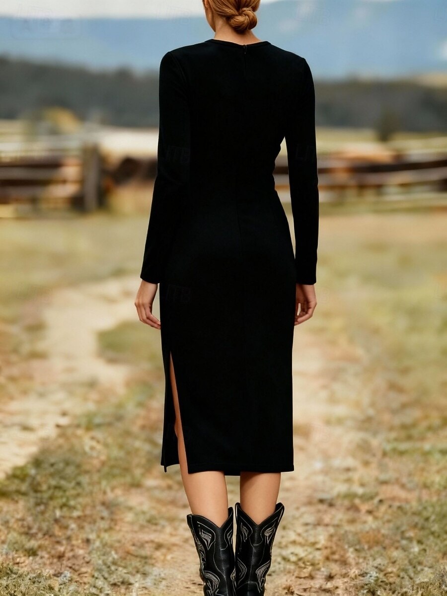 Damen Midikleid Langes Kleid Maxikleid Vintage-Kleid Kleid aus Wildlederimitat Vintage Mode Täglich Outdoor Urlaub Normale Passform Einfach Langarm Rundhalsausschnitt Schwarz Braun Aprikose Sommer 2026 - $34.99 –P10