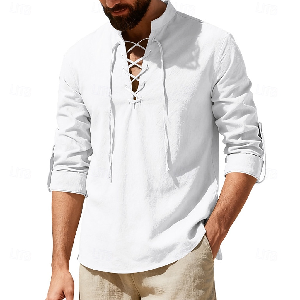 Муж. Рубашка Льняная рубашка Стиль Викингов Летняя рубашка Одежда для пляжа Рубашка с воротником-стойкой Сплошной цвет Повседневные Отпуск Черный Белый Зеленый Цвет хаки Длинный рукав 2026 - $12.49 –P6