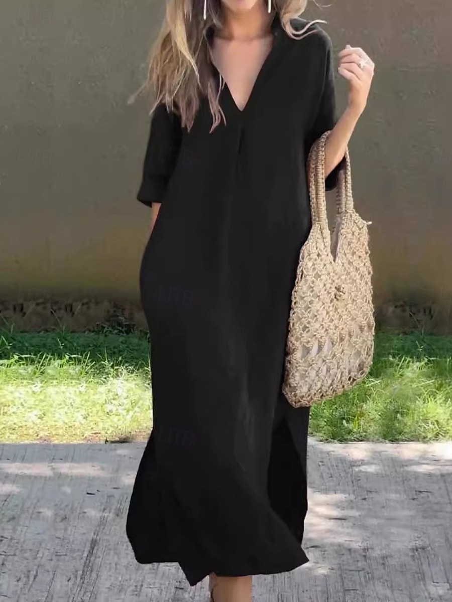 Women's Maxi Dress Shift Dress Summer Dress Casual Daily Loose Fit Plain 3/4 Length Sleeve V Neck Blue Black White Red Summer Spring Fall 2026 - $29.99 –P2