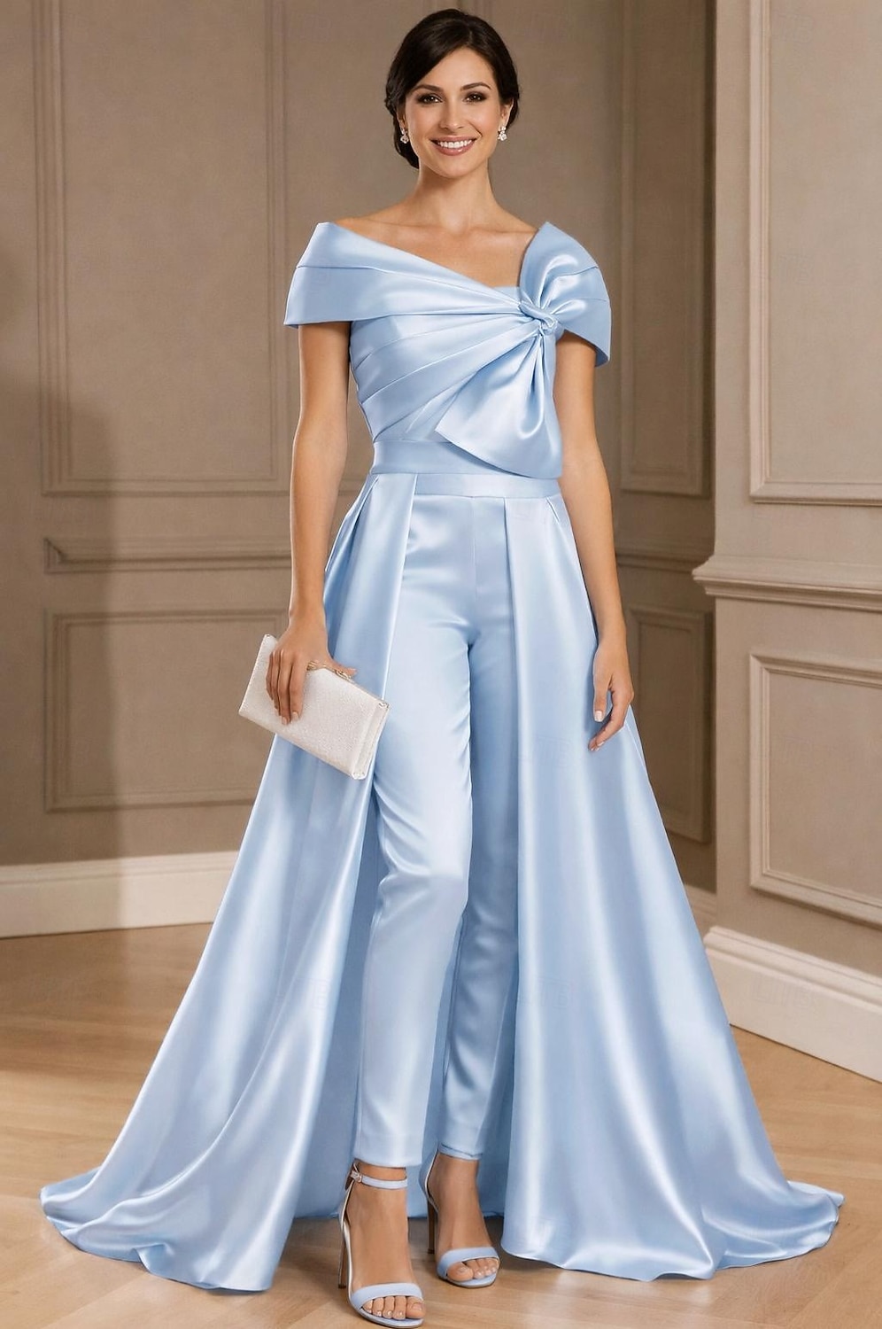 A-Line Floor Length Jumpsuit Evening Gown Ball Gown Ball Gown with Overskirt Formal Dress Elegant Silky Short Sleeve One Shoulder Wedding Formal Stretch Satin Cowl Back with Embroidered Flower Bow(s) 2026 - $182.99 –P1