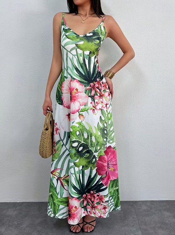 Naisten Maksimekko Kesämekko A linjainen mekko Slip Mekko Loma Vapaa-aika Boheemi Hiekkaranta Loose Fit Kuvitettu Lehti Hihaton V kaula-aukko Spagettiolkaimet Valkoinen Vaalean vihreä Punastuvan 2026 - $36.99 –P6