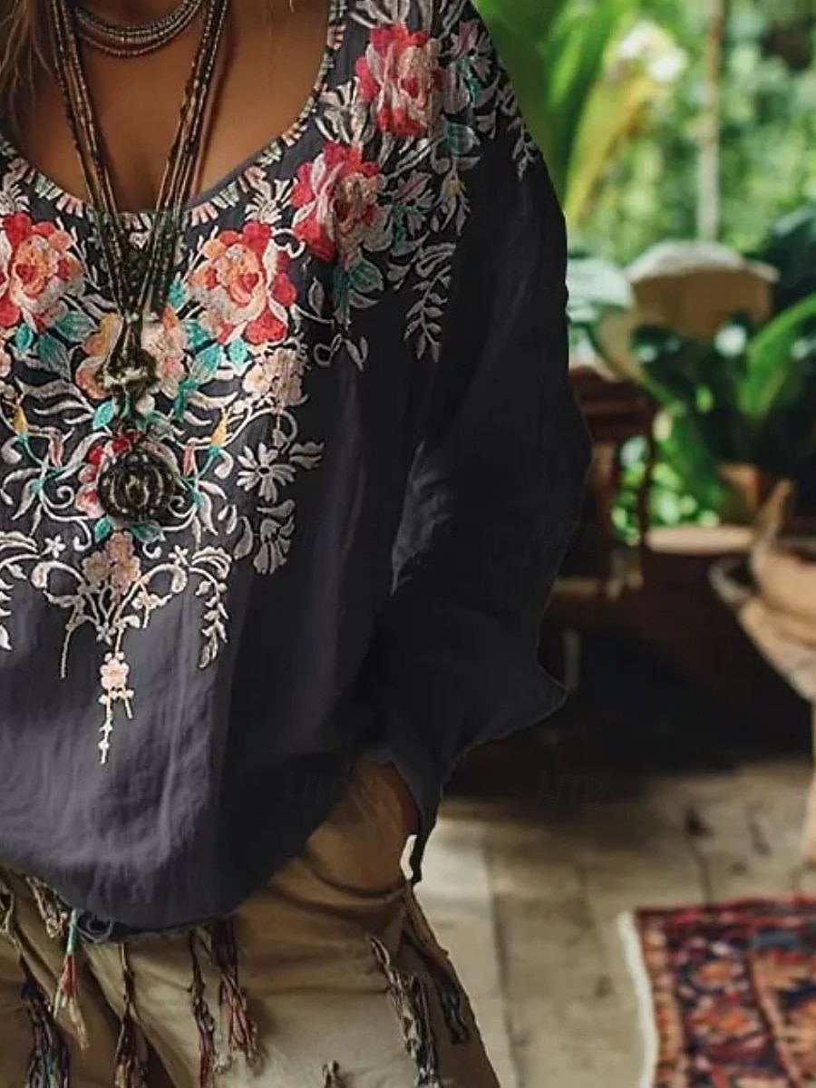 Per donna Camicia Camicia Boho Blusa Stampato Floreale Grafico Bohemien Elegante Classico Manica Lunga Scollo a V Top Regolari Quotidiano Ferie Uscire Grigio scuro Estate Primavera Autunno del 2026 a $27.99 –P2