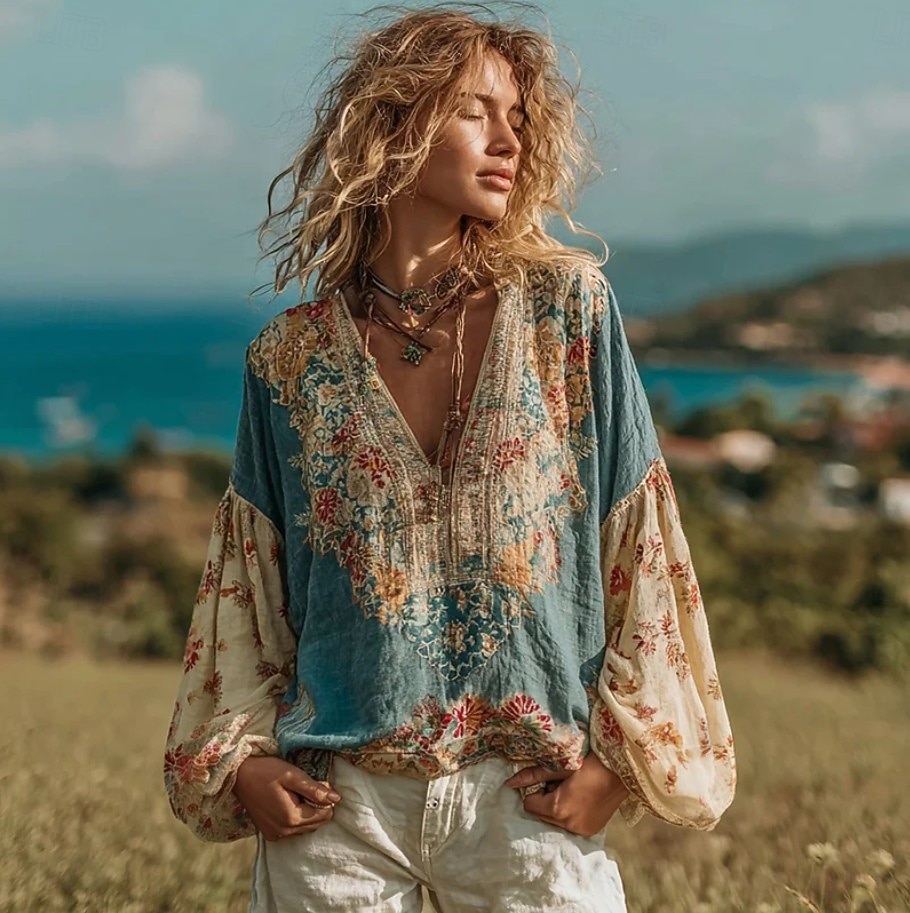 Γυναικείο Boho Μπλούζα Λινόν Όπως Αναπνεύσιμο Ελαφρύ Λουλούδια Elegant Βοημία Τροπικό Μάκρο Μανίκι V Λαιμός Κανονικά Τοπ Ημέρας Γιορτές Patchwork Κουμπιά Εκτύπωση Κίτρινο Ανοιχτό Μπλε Άνοιξη 2026 - $32.99 –P2