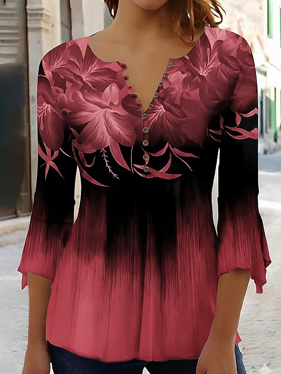 Pasen Dames T-Shirt Ombre Bloemen Graphic Elegant Vintage Stijlvol 3/4 Mouw V-hals Reguliere Tops Dagelijks Uitgaan Knoppen Blauw Roze Rood Groen Zomer Lente 2026 - $26.99 –P3