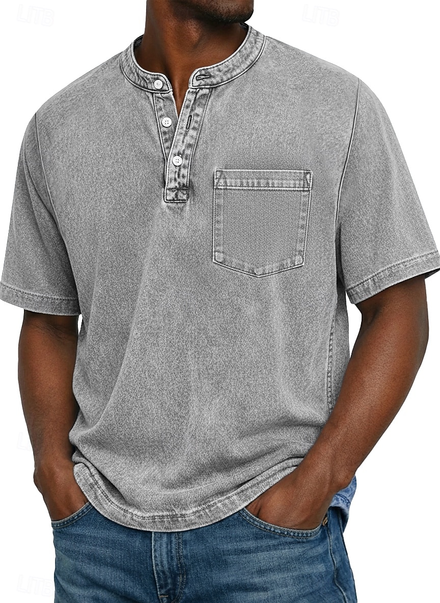 Herre Henly-skjorte 100% bomullssyre-vaskeskjorte T-skjorte T-skjorte Kortermet Ensfarget Retro / vintage Fritid Lomme Gammeldags stil Vasket Henley Avslappet Sommer Vår Høst Svart Rosa Lysegrønn 2026 - $31.99 –P4