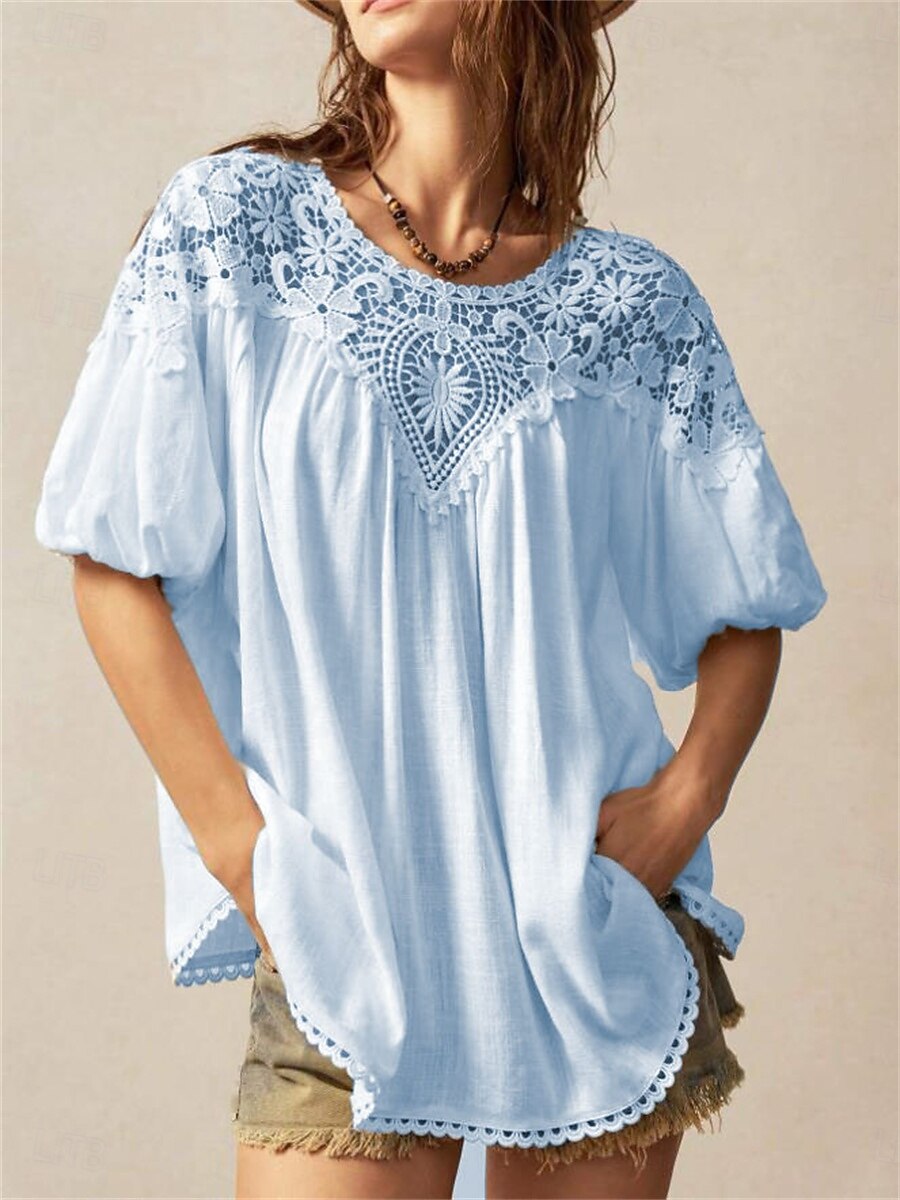 Mujer Tops de verano Blusa Tops de encaje Frunce Encaje Retazos Plano Elegante Tropical damas Manga Corta Manga de la linterna Cuello Barco Tops regulares Diario Trabajo Festivos Blanco Amarillo Rojo 2026 - $32.99 –P3