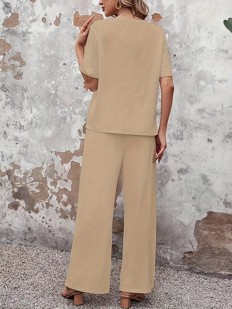 Women's Pants Sets Bolero Faux Cotton Linen Short Sleeve Crew Neck Solid Color Fashion Streetwear Casual Daily Outdoor Blue White Khaki Summer Regular Fit 2026 - $48.99 –P6