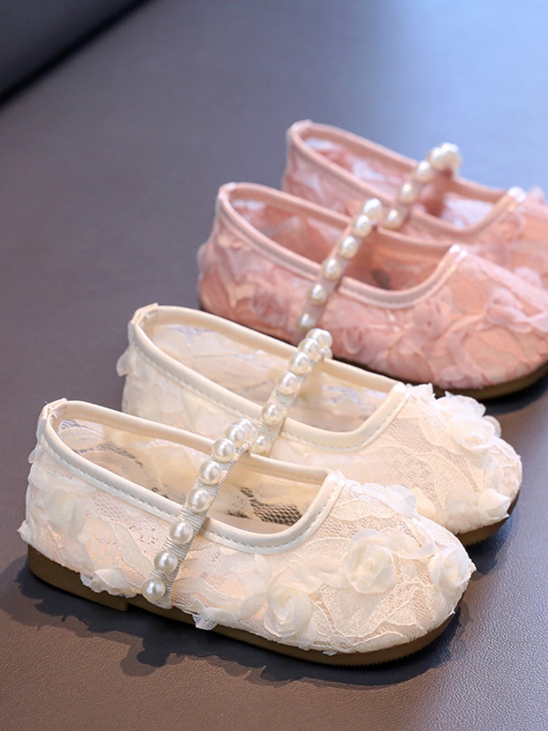 Dziecięce balerinki typu Mary Jane z koronkowymi paskami i perłowymi aplikacjami kwiatowymi, eleganckie buty ślubne w stylu księżniczki dla małych dziewczynek sypiących kwiaty, wygodne buty wizytowe 2026 - $24.99 –P4