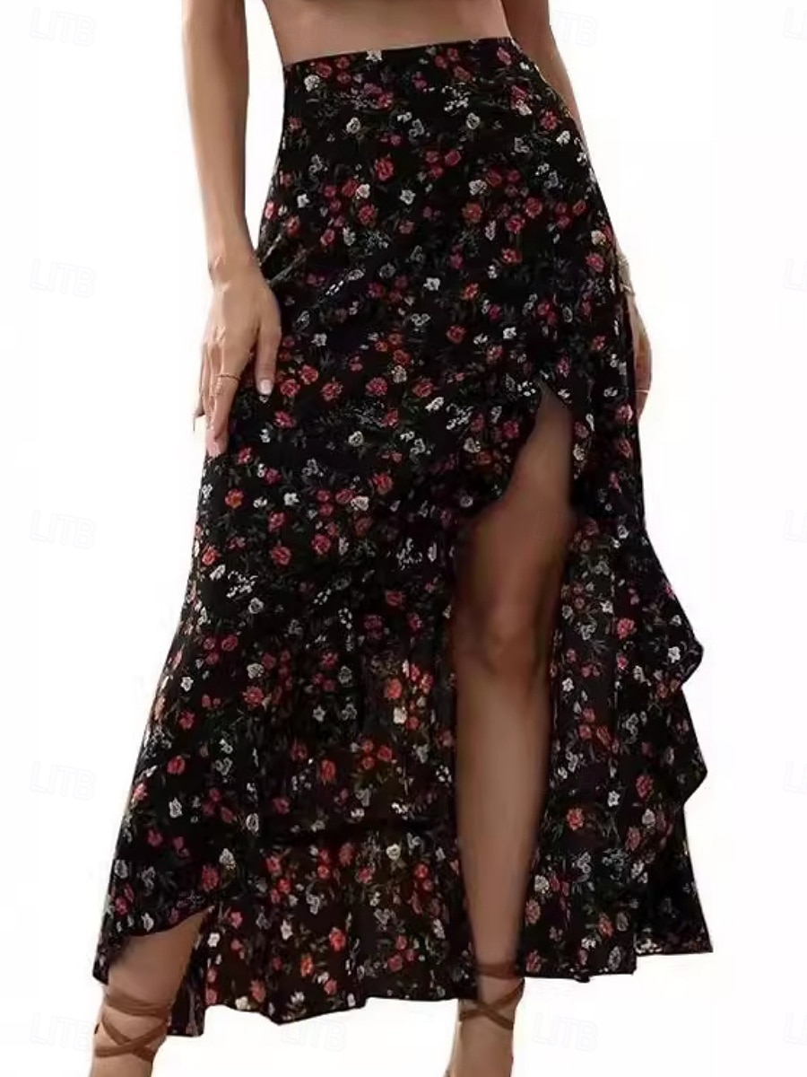 Women's Fashion Sexy Casual Knee-length High Waist Skirts Floral Print Split Ends Inelastic Daily Vacation Blue Black Yellow Summer 2026 - $21.99 –P3