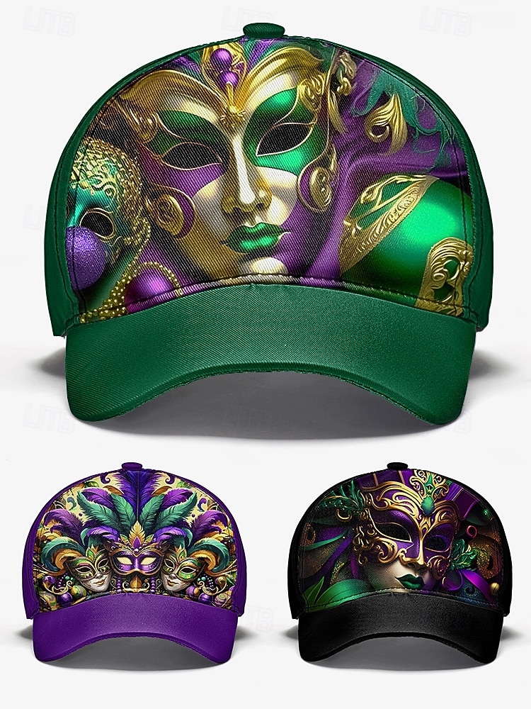 Gorra de béisbol de poliéster para hombre con estampado de máscara de Mardi Gras, ajuste ajustable, varios colores, ideal para carnaval, festivales y atuendos casuales. 2026 - $14.99 –P4