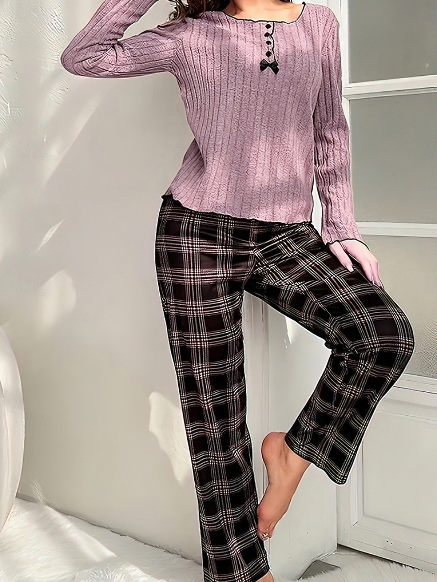 Damen Schlafanzug Set Lässig Komfort Blumen Einfarbig Elastischer Bund Hose Täglich Heim Langarm V Ausschnitt Schwarz Weiß Purpur Grau Sommer Frühling Normale Passform 2026 - $24.99 –P18