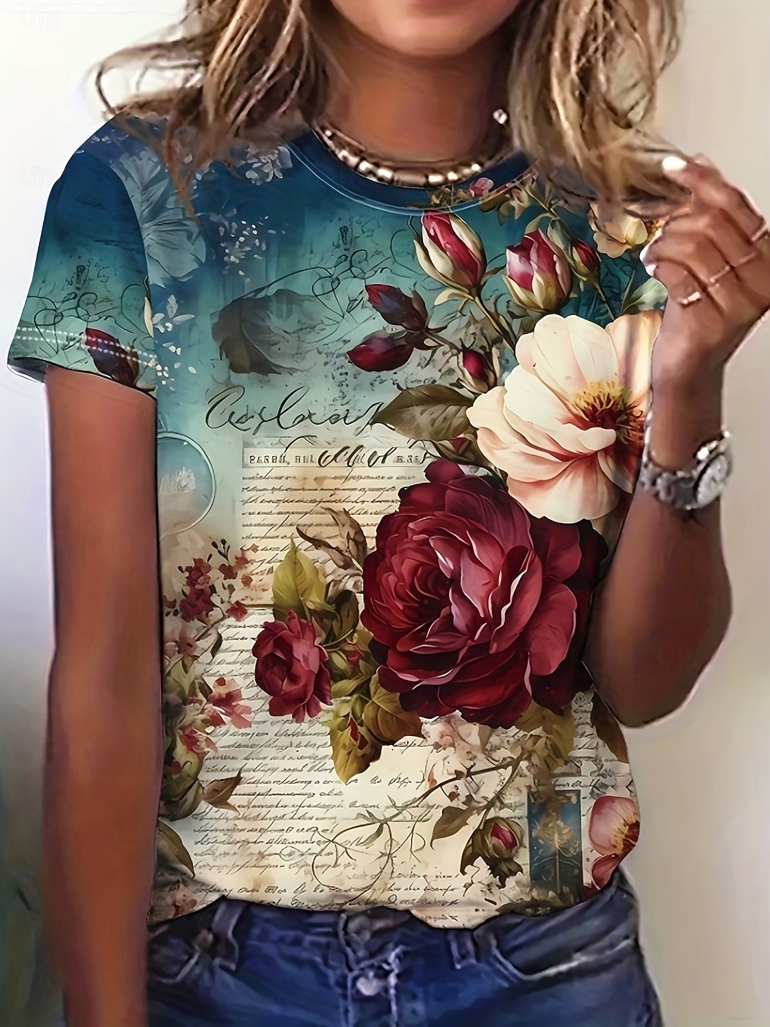 Per donna Maglietta Stampato Floreale Grafico Piante Vintage Elegante Classico Manica Corta Girocollo Top Regolari Quotidiano Weekend Blu Rosa Rosso Beige Estate Primavera Autunno Inverno del 2026 a $22.99 –P3
