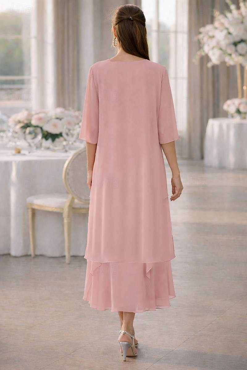Zweiteilig A-Linie Tee-Länge Kleid für Hochzeitsgäste Brautmutterkleid Halbarm Rundausschnitt Elegant Formell Kentucky Derby Semi-Formal Chiffon Kurze Jackenkleider mit Stickerei Applikationen 2026 - $182.99 –P2