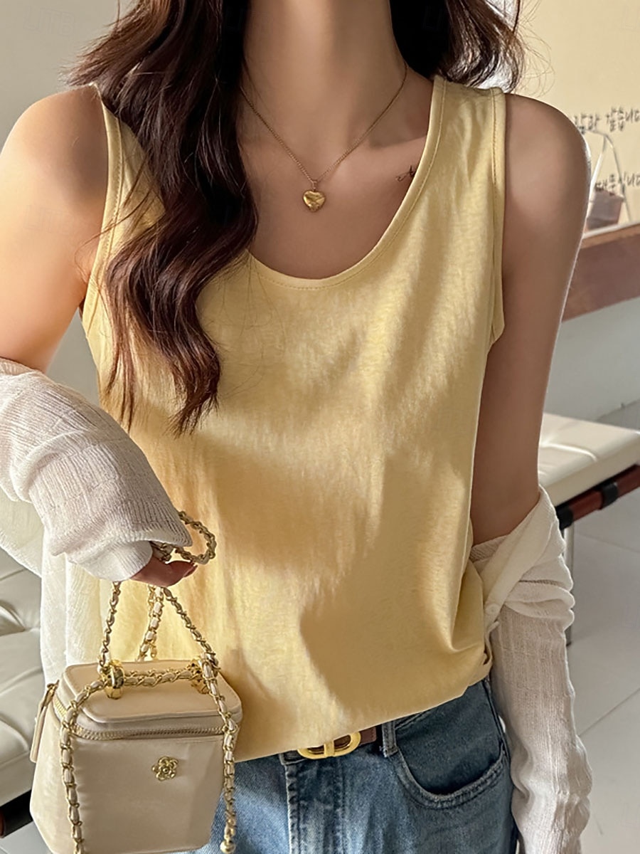 Dam T-shirt Blus Lappverk Ensfärgat Mode Modern Ledigt Ärmlös Rund hals Vanliga toppar Dagligen Utekväll Helgen Svart Vit Gul Rodnande Rosa Aprikos Sommar Vår 2026 - $11.49 –P4