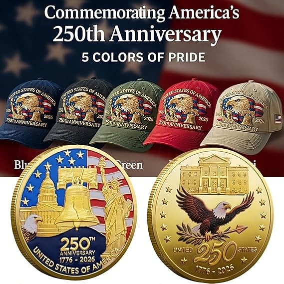 Klobouk k 250. výročí Spojených států s 2 kusy pamětních mincí digitálně potisknutý klobouk Hlava orla a svoboda 250. výročí americké oslavy 4. července vlastenecký dárek semikvincenální 2026 - $31.99 –P2