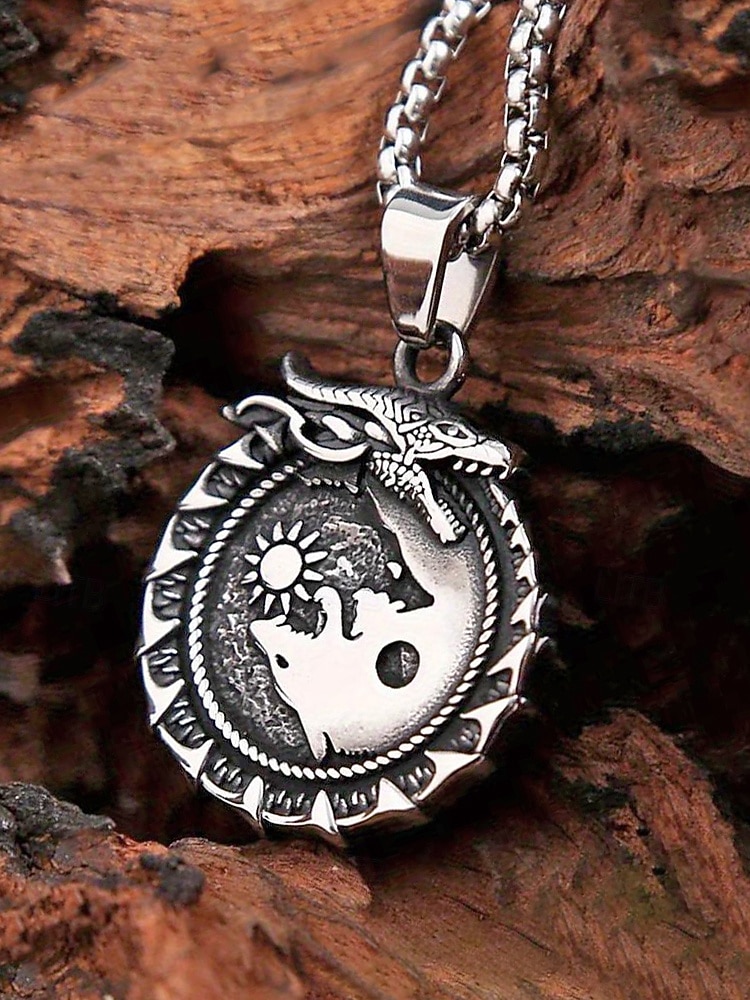 Men's Viking Style Alloy Necklace – Dragon and Wolf Pendant, Yin-Yang Design, Perfect for Casual Everyday Wear 2026 - $7.99 –P5