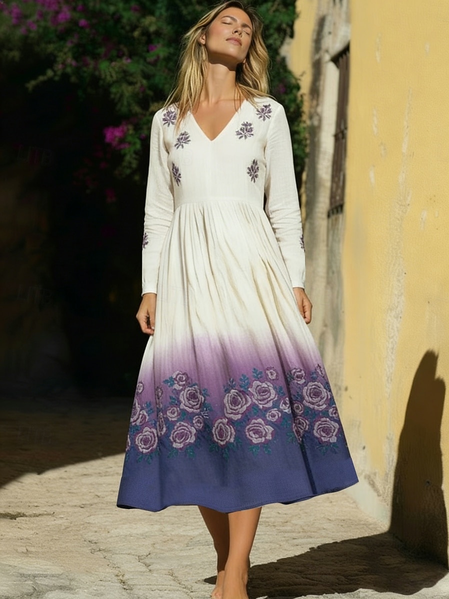 Mujer Vestido Midi Vestido bohemio Vestido informal Moda Diario Exterior Vacaciones Ajuste regular Floral Manga Larga Escote en Pico Morado Verano Primavera Otoño 2026 - $41.99 –P1