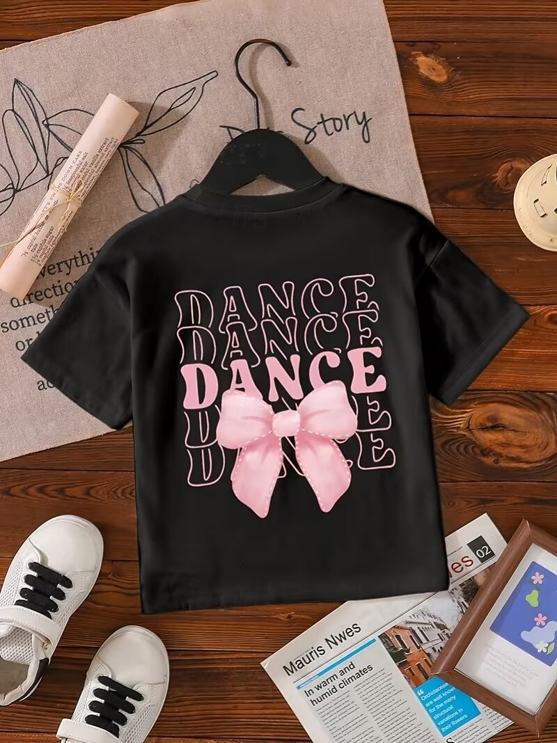 100% Baumwolle Kinder Mädchen Schwarz Grafik Schleife T-Shirt Rundhalsausschnitt Kurzarm Urlaub Sport & Outdoor Alltagskleidung Sport Mode Lässig Drucken Sommer Frühling 2026 - $14.99 –P2